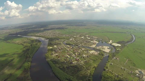 Overview winding river from a height of 400 meters. Aerial. Stock-Footage 37396122