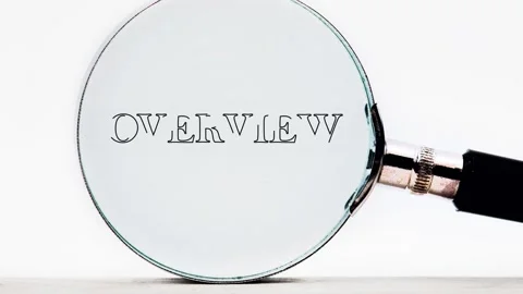 OVERVIEW word they appear through a magnifying glass on a light background Stock Footage 318427102