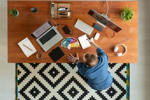 Overview of young contemporary creative software developer drawing scheme Stockfoto's