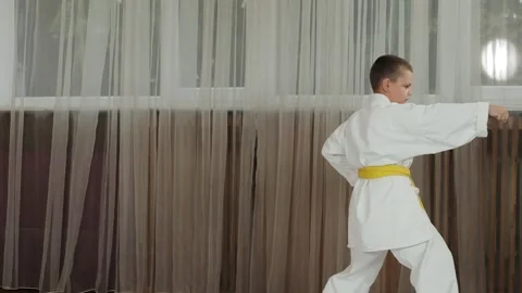 Overweight athlete performs formal karate exercises Stock Footage 247554238