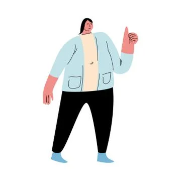 Overweight black-haired man standing in black pants and showing thumbs up Stock Illustration