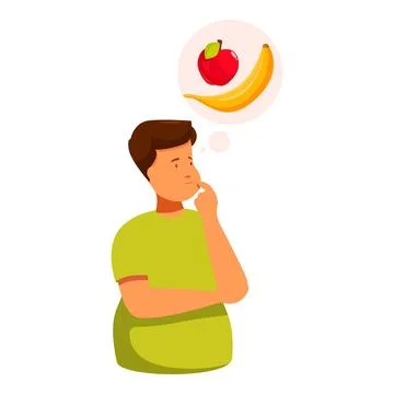 Overweight boy choosing between apple and banana thinking about healthy food Stock Illustration