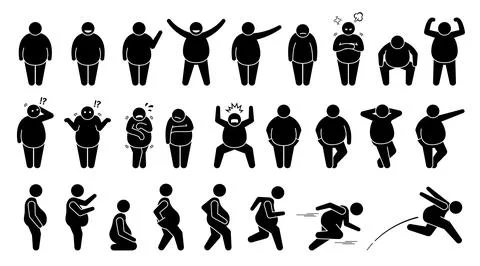 Overweight fat man basic poses and postures stick figure character pictogram. Illustrazione stock