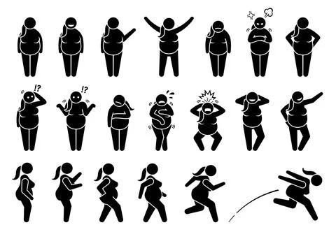 Overweight fat woman basic poses and postures stick figure character pictogra Stock Illustration