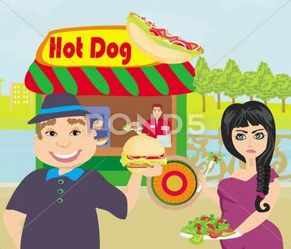 Overweight girl eats a salad Stock Illustration