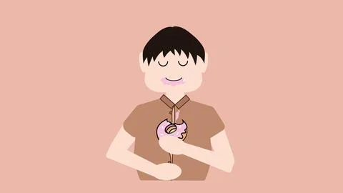 Overweight man eats glazed donut Stock Illustration