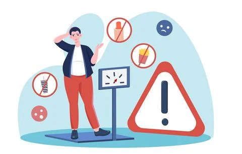 Overweight man problem. Fatty young guy on scales. Person suffer from obesity Stock Illustration