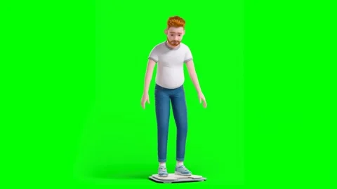 Overweight Man Standing on Scale Tracking Weight Progress on Green Background Stock Footage 330034948
