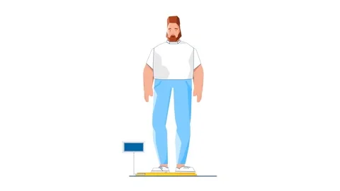 Overweight Man Weighing Himself on Scale 2D Illustration Vidéo 277274415