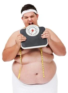 Overweight, scale bite and man upset with diet progress and weight loss goal in Stock Photos
