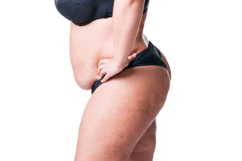 Fat woman in underwear, overweight female body on gray background