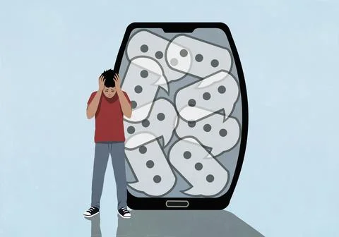 Overwhelmed boy standing with head in hands next to text message speech bubbles 库存插图