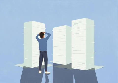 Overwhelmed man with hands on head looking at large stacks of paperwork Stock Illustration