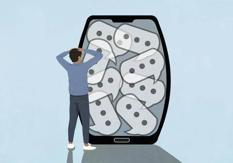 Overwhelmed man with head in hands looking at text message speech bubbles on 库存插图