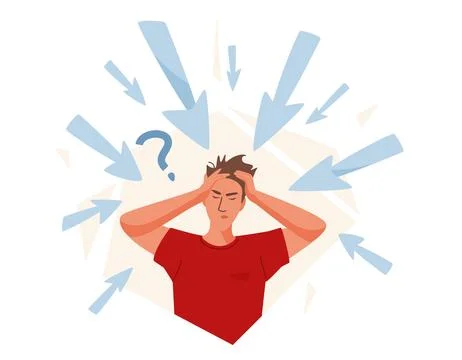 Overwhelmed by misinformation vector illustration. Stressed man with multip.. Stock Illustration