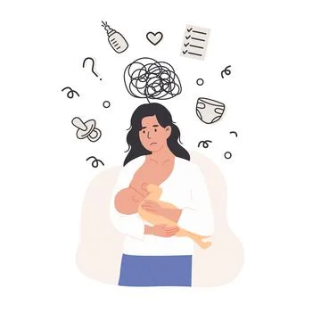 Overwhelmed new mother facing multiple responsibilities and mental load during Stock Illustration