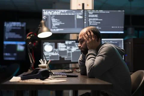 Overwhelmed Programmer Holding Head in Hands and reviewing code on laptop Stockfoto's
