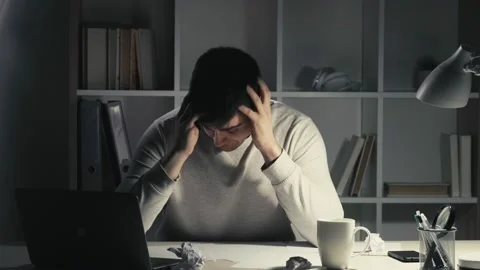 Overwork anxiety creative block annoyed tired man Stock Footage 150956395
