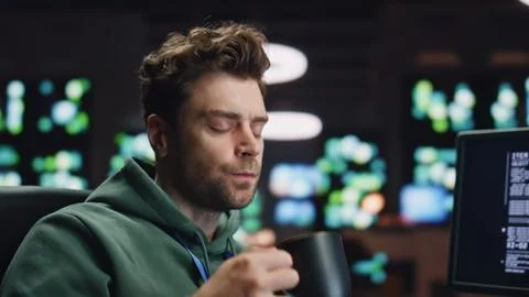 Overworked analyst drinking coffee coding at computer data center workplace 写真素材