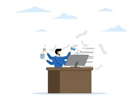 Overworked, businessman busy multitasking or tired and tired from overwork. Stock Illustration