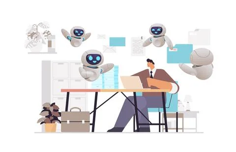 Overworked businessman with robots using laptop at workplace busy business man 스톡 일러스트