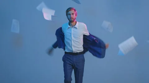 Overworked businessman throws away documents papers, puts off a suit jacket on Stock Footage 242513760