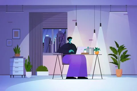 Overworked businessman using laptop in dark night living room or office social Stock Illustration