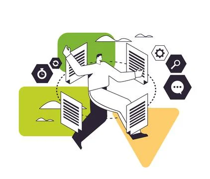 Overworked businessman working with paper documents paperwork deadline concept Stock Illustration