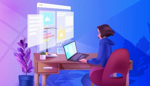 Overworked developer creating website ui web application development program Stock Illustration