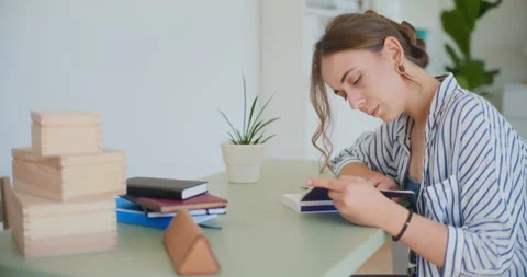 Overworked Female Student Learning Reading at Desk Stock Footage 274481442