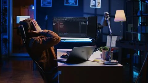 Overworked IT professional feeling exhausted, pausing tasks to rest Stock Photos