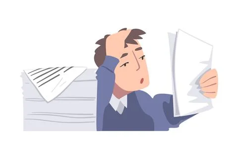 Overworked Man Character at Table with Pile of Papers Vector Illustration Illustrazione stock