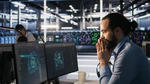 Overworked technician in data center managing AI server infrastructure Stock Photos