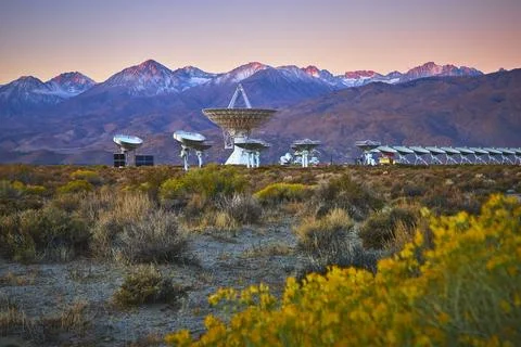 Owens Valley Radio Observatory Array with Snowy Sierra Nevada Mountains at Stock Photos