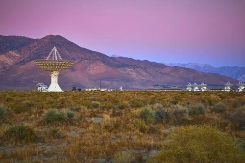 Owens Valley Radio Observatory Array and Sierra Nevada Mountains at Sunset Stock Photos