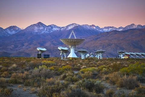 Owens Valley Radio Observatory Array with Snowy Sierra Nevada Mountains at Stock Photos