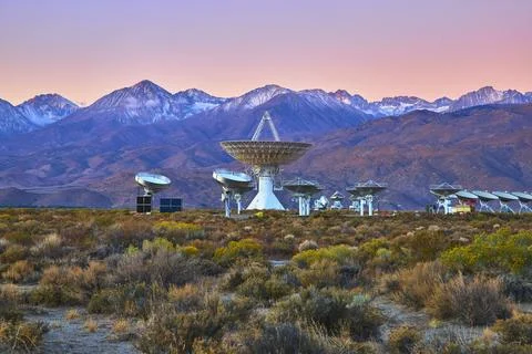 Owens Valley Radio Observatory Array with Sierra Nevada Mountains at Sunset Stock Photos