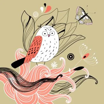 Owl and plants Stock Illustration