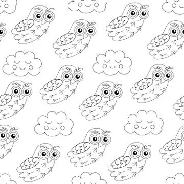Owl and sleep clouds vector seamless pattern. イラスト素材