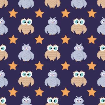 Owl and star pattern on dark background Stock Illustration
