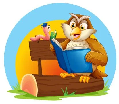 An owl and a worm reading a book Stock Illustration