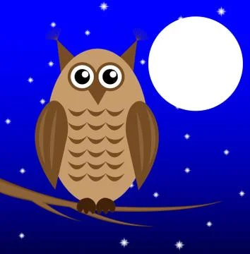 An owl on a background star sky sits on the branch of tree Stock Illustration