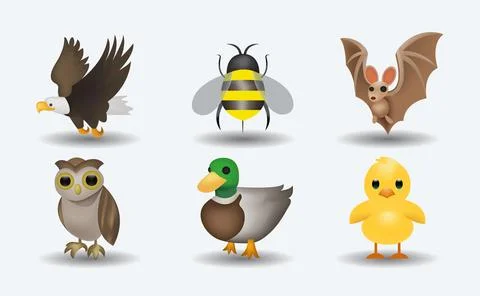 Owl, bat, bee, chicken, duck, eagle in cartoon style Stock Illustration