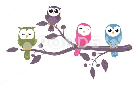 Owl birds sitting on branch Stock Illustration