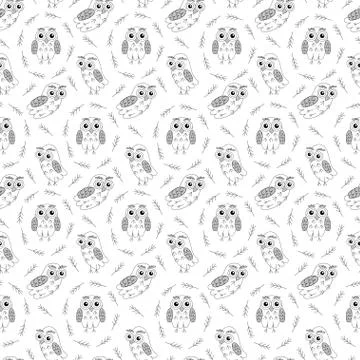 Owl black and wihte vector seamless pattern. 스톡 일러스트