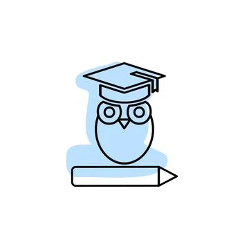 Owl on the book with square academic cap outline with color shadow vector ico Stock Illustration