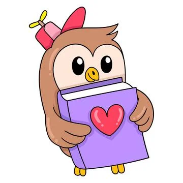 Owl is bringing love book to study, doodle icon image kawaii Illustrazione stock