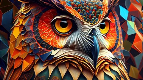 Owl with colorful patterns on the background. 3D illustration. Stock Illustration