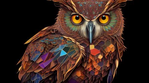 Owl with colorful patterns on a black background. Stock Illustration
