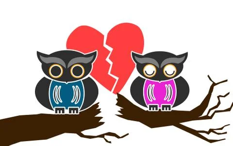 Owl couple break up on tree branch Stock Illustration